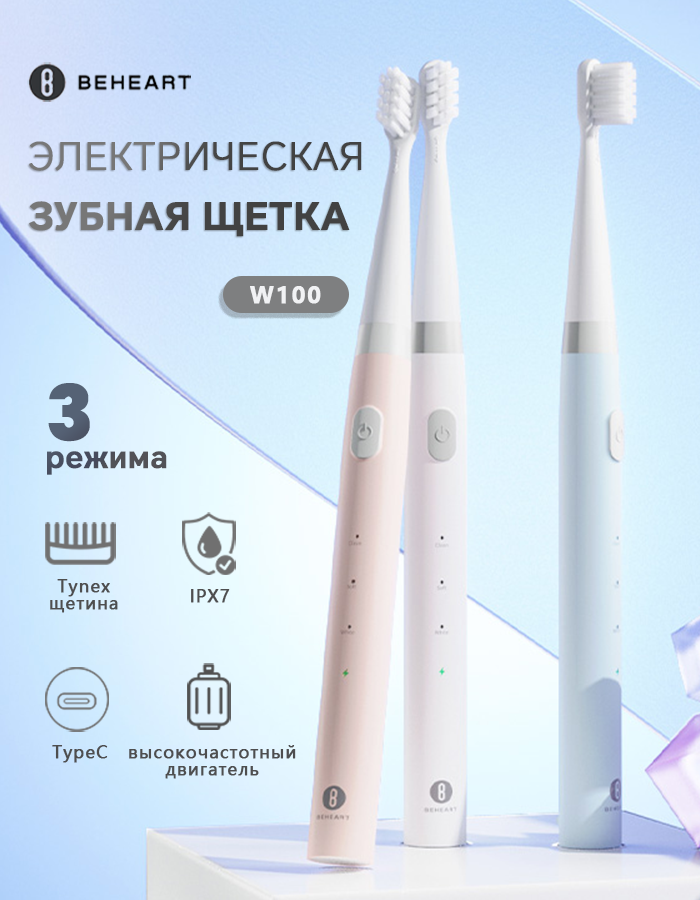 Электрическая зубная щётка Xiaomi Beheart W100 , ультразвуковая, дисплей, 5 режимов, розовая