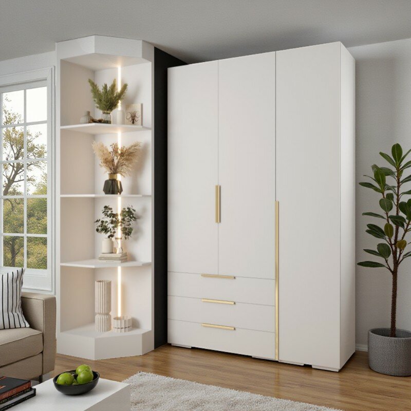 Распашной трехсекционный шкаф Мори - 6 (с 3 ящиками) Белый Снег 8685 BS (120*45*260 см) (214141) NEW 120x45x260 см, Дом мебели для вас в наличии