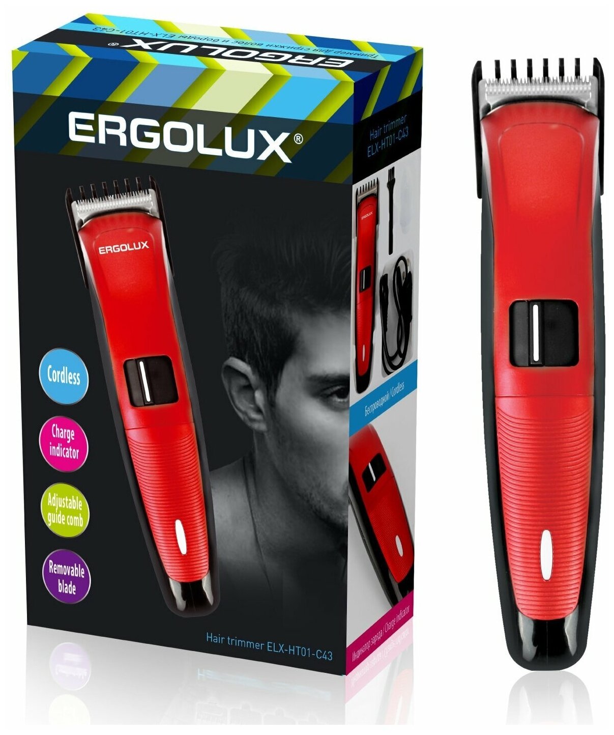 Триммер для волос и бороды Ergolux ELX-HT01-C43 красный