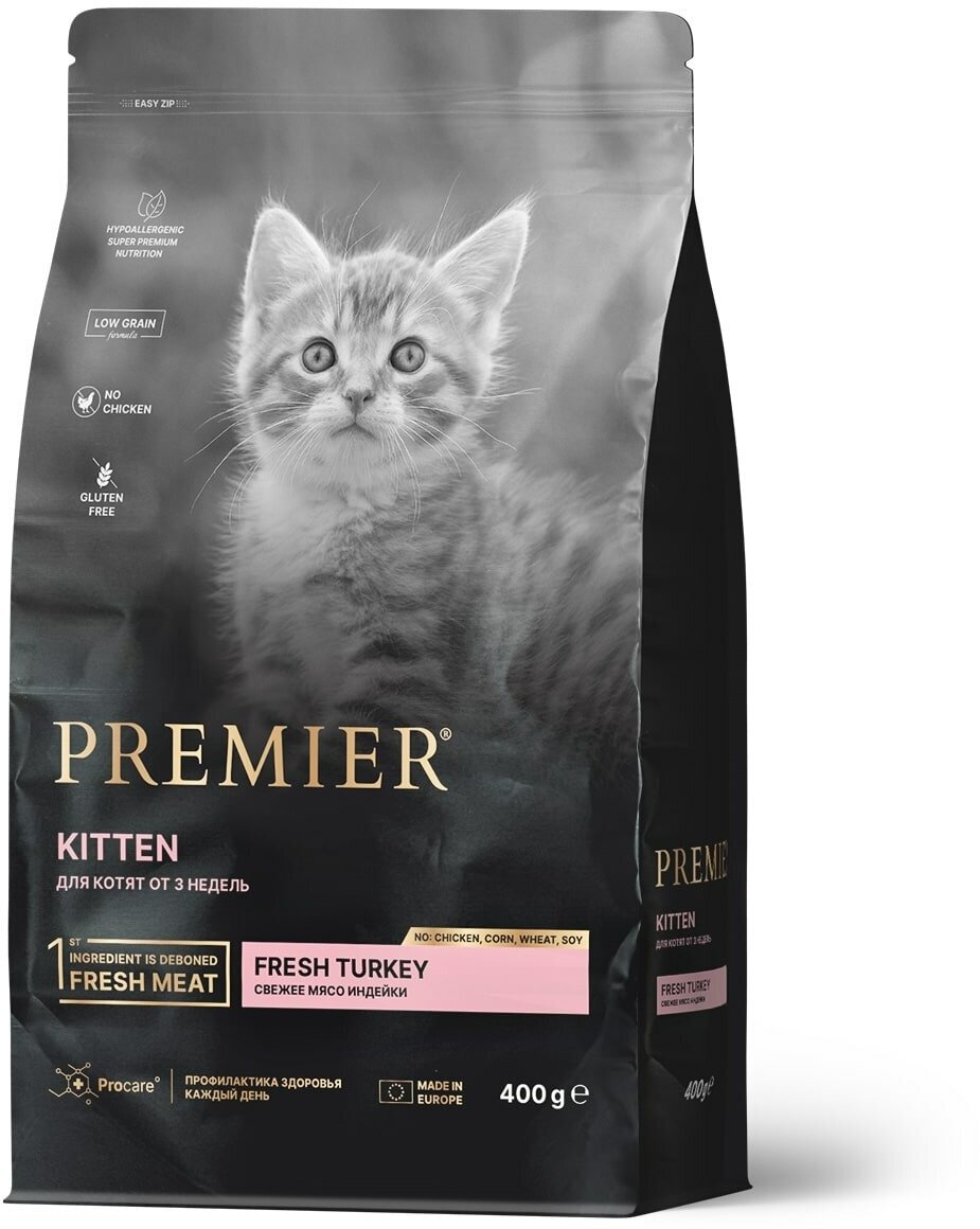 Сухой корм для котят, беременных и кормящих кошек Premier при склонности к аллергии, с индейкой 400 г