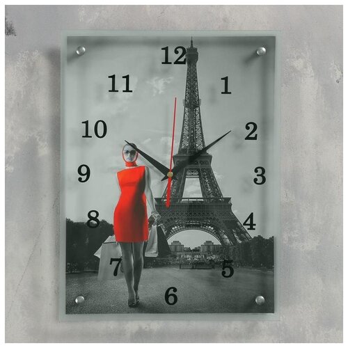 фото Часы настенные, серия: город, "девушка в красном платье в париже", 30х40 см, микс сюжет 1639677 .