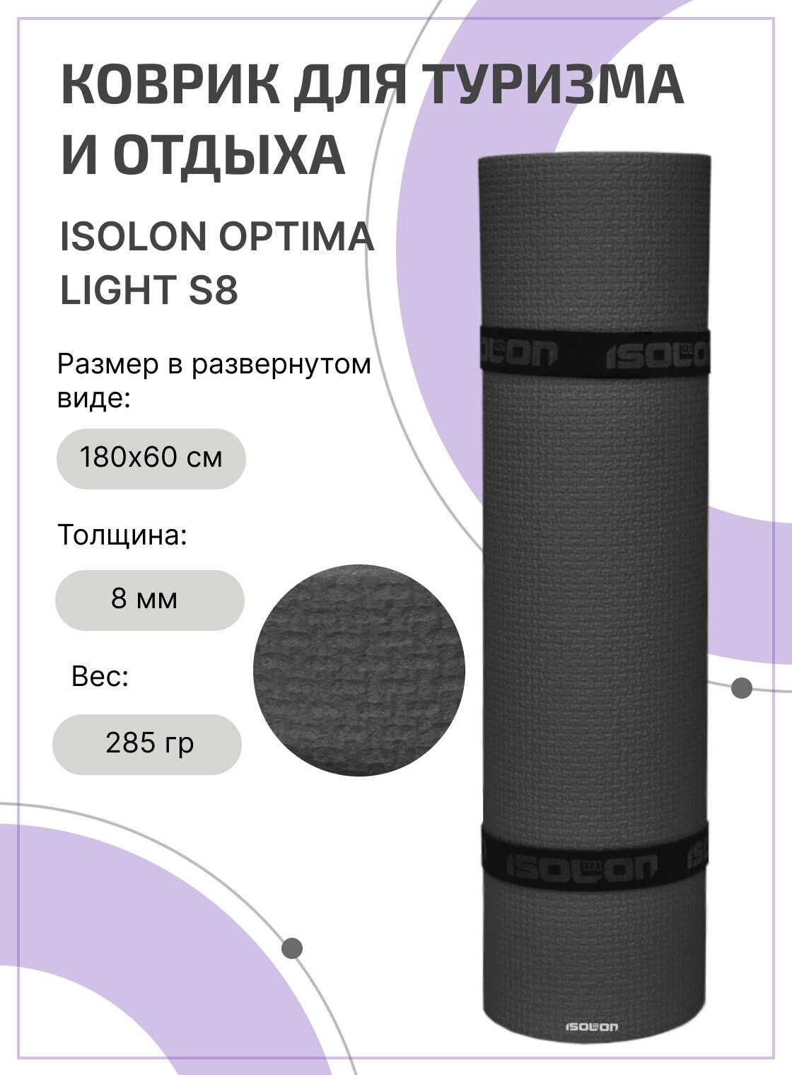 Коврик для туризма и отдыха ISOLON Optima Light S8, 180х60 см серый