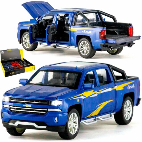 Металлическая машинка игрушка 1:32 Chevrolet Silverado (Шевроле Сильверадо) 18.4 см. инерционная, свет, звук / Синий