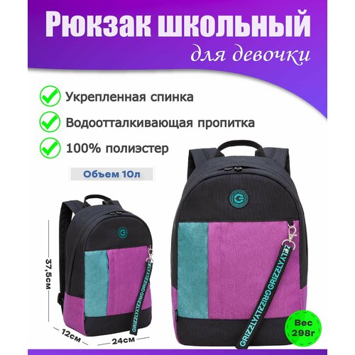 Рюкзак школьный подростковый женский для девочки, молодежный, для средней и старшей школы, GRIZZLY (черный-бирюзовый)