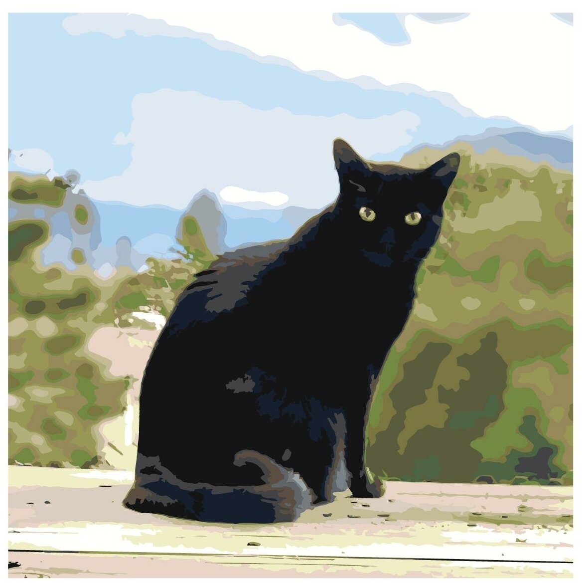 Картина по номерам, "Живопись по номерам", 40 x 40, ETS294, чёрный кот, пушистый, домашние животные, питомец, природа, пейзаж