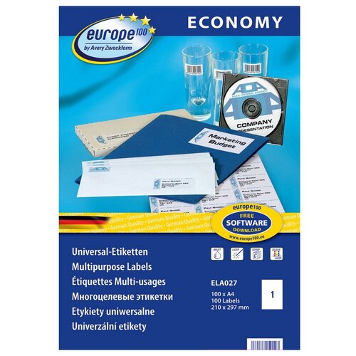 Этикетки самоклеящиеся Europe, ELA027, 210х297мм на листеА4 100 листов в упаковке