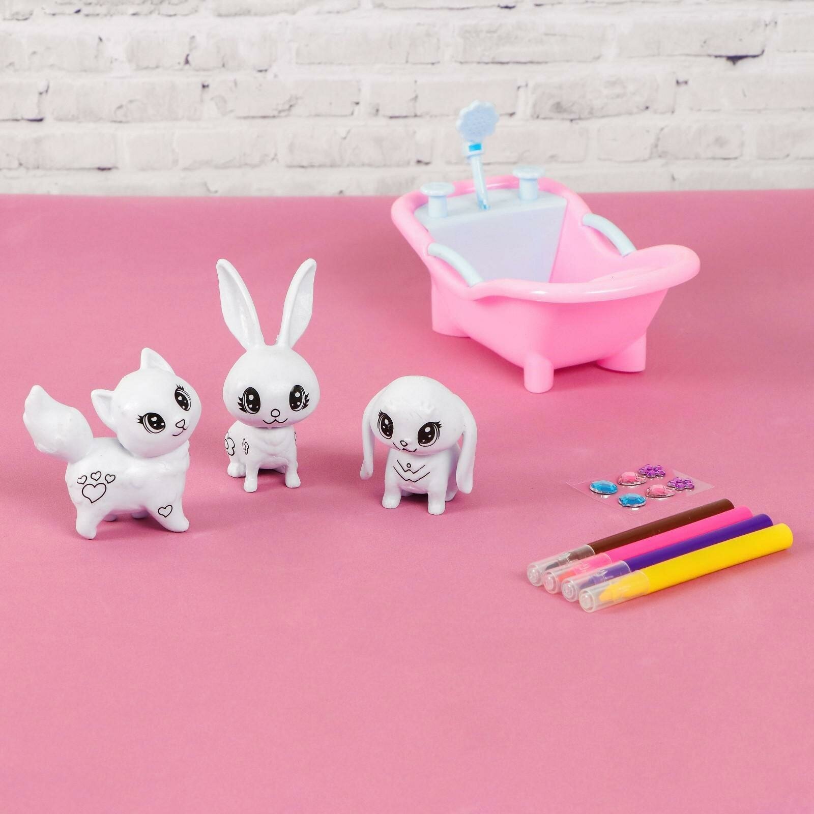 Набор для творчества "Игрушки-раскраски. Котик, зайчик", фломастеры, блокнот, стразы, для детей и малышей