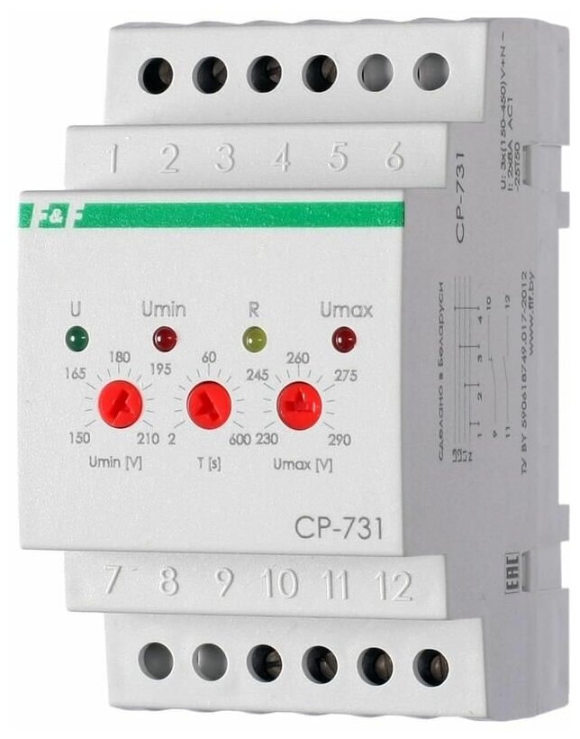 Реле напряжения CP-731 (трехфазный; микропроцессорный; контроль верхнего и нижнего значений напряжения; контроль асимметрии; чередования фаз; монтаж на DIN-рейке 35мм 3х400/230+N 2х8А 1Z 1R IP20) F&F EA04.009.005