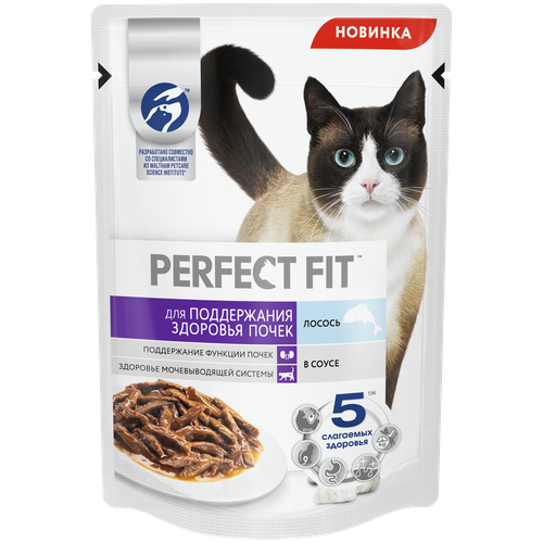 Perfect Fit влажный корм для кошек, для поддержания здоровья почек, с лососем в соусе (28шт в уп) 75 гр