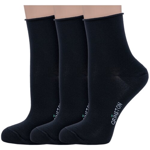 Комплект из 3 пар женских носков без резинки Grinston socks (PINGONS) из мерсеризованного хлопка черные, размер 23