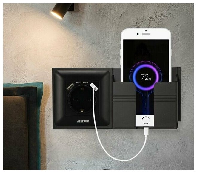 фото Розетка USB A+A, 2.1А с электрической розеткой D-Life, USB type-A 5V, + подставка под смартфон, чёрный