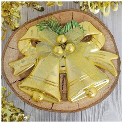 Украшение новогоднее "Два колокольчика с бантиком и бусинами" 19х13 см, золото