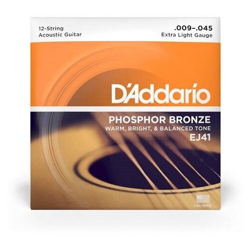 фото D'addario ej41 струны для 12-струнной гитары, фосфор/бронза, extra light 9-45