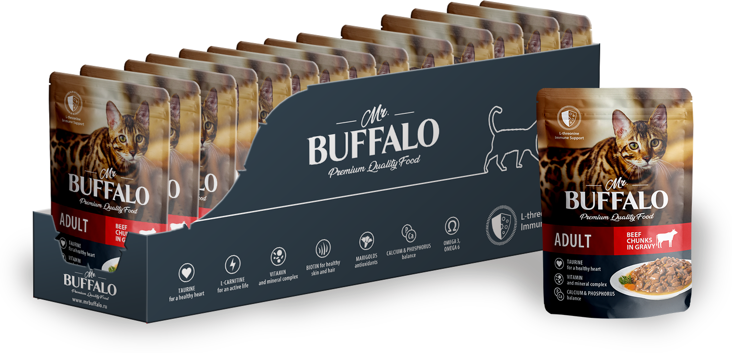 Влажный корм для кошек Mr.Buffalo ADULT говядина в соусе паучи 85г (28 шт.)