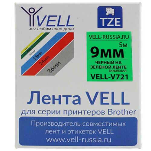 Лента виниловая Vell V-721 (9 мм, черный на зеленом) для PT 1010/1280/D200/H105/E100/ D600/E300/2700/ P700/E550/9700 Vell-V721