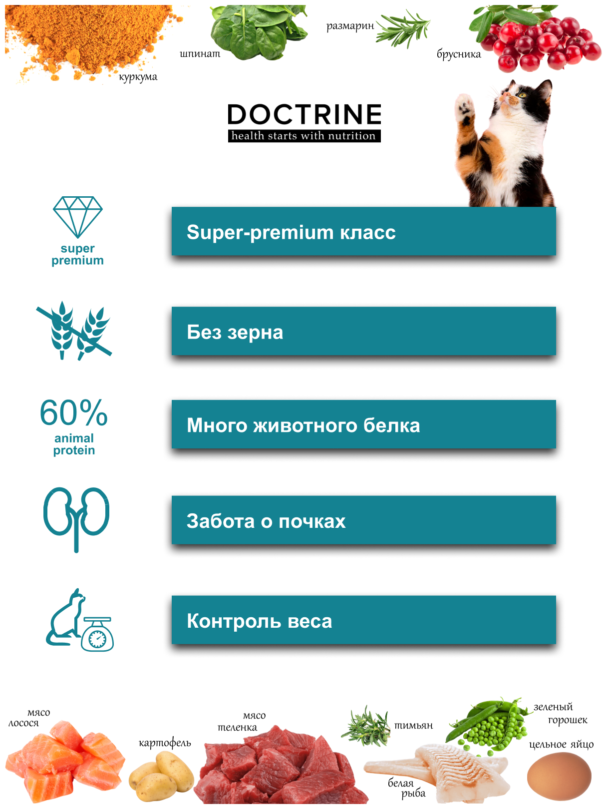 DOCTRINE Полнорационный беззерновой сухой корм для стерилизованных кошек и кастрированных котов с индейкой и лососем 3кг - фотография № 13