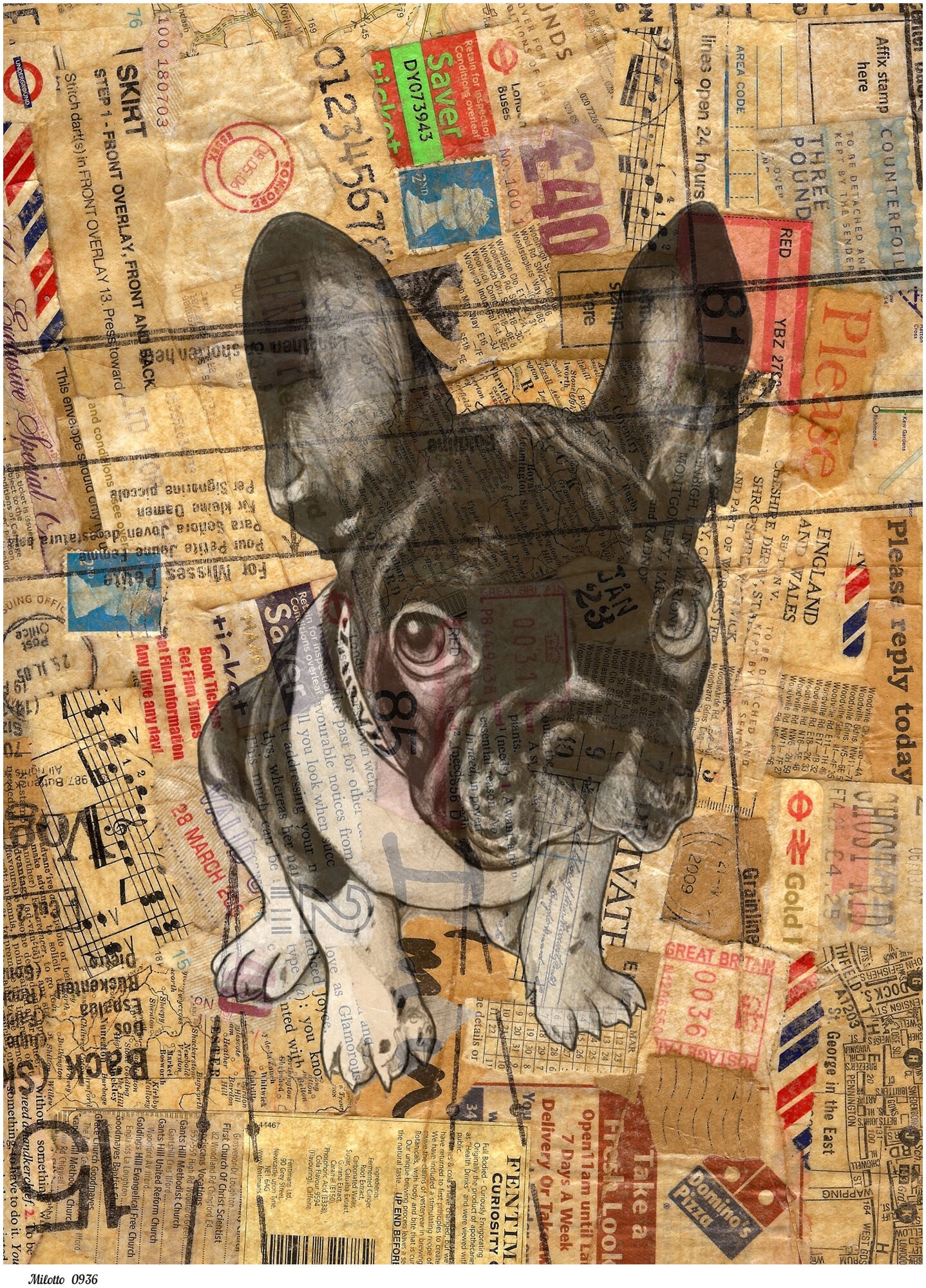 Рисовая бумага для декупажа А4 ультратонкая салфетка 0936 собака французский бульдог винтаж крафт Milotto