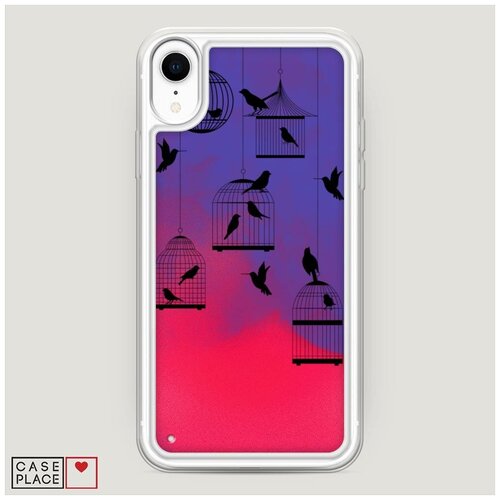 фото Чехол неоновый жидкий iphone xr (10r) клетка с птицами графика case place