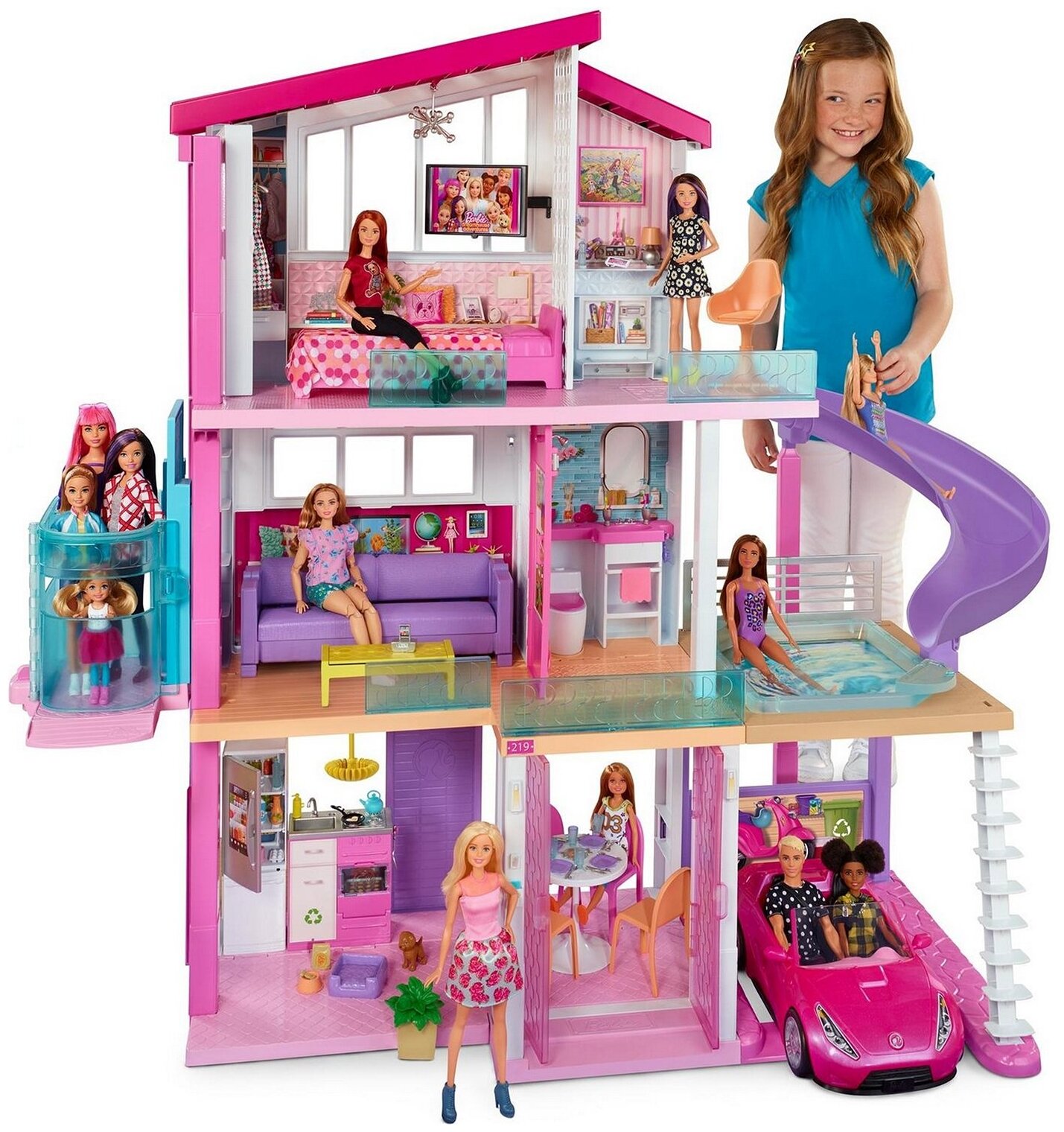 Трехэтажный дом мечты с лифтом, бассейном, горкой и мебелью Barbie - фото №5
