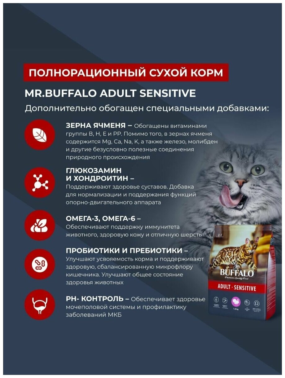 Сухой корм для кошек Mr.Buffalo Adult Sensitive, с индейкой, 1,8 кг - фотография № 12