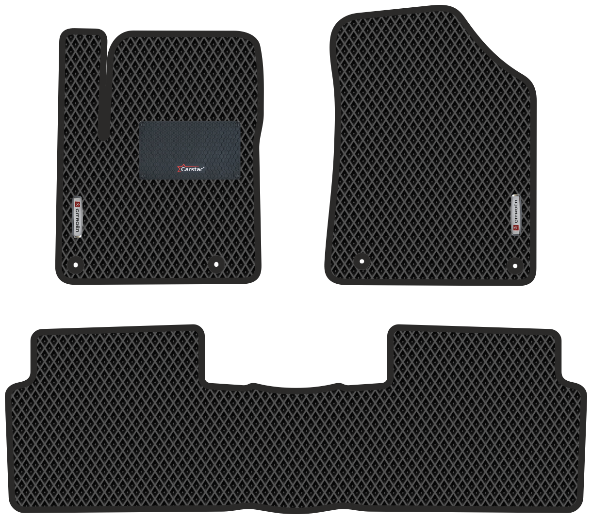 Автомобильные коврики EVA для Citroen C5 II (2008-2017) с каучуковым подпятником и 2 эмблемами Citroen чёрные с чёрным кантом ячейка - ромб