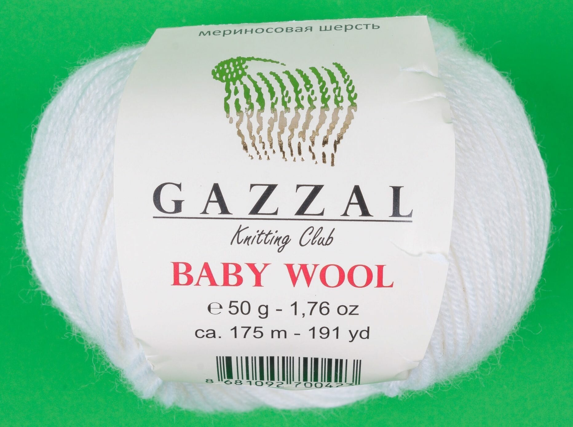 Пряжа Gazzal Baby Wool белый (801), 40%шерсть мериноса/20%кашемирПА/40%акрил, 175м, 50г, 1шт