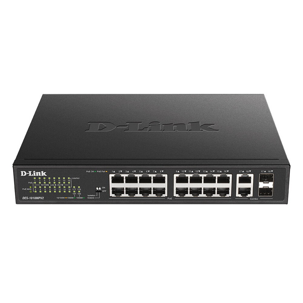 Коммутатор D-Link (DES-1018MPV2/A1A) Неуправляемый, 16 ports 10/100Base-TX, 2 combo-ports 100/1000Base-T/SFP, PoE-бюджет 246,4 Вт