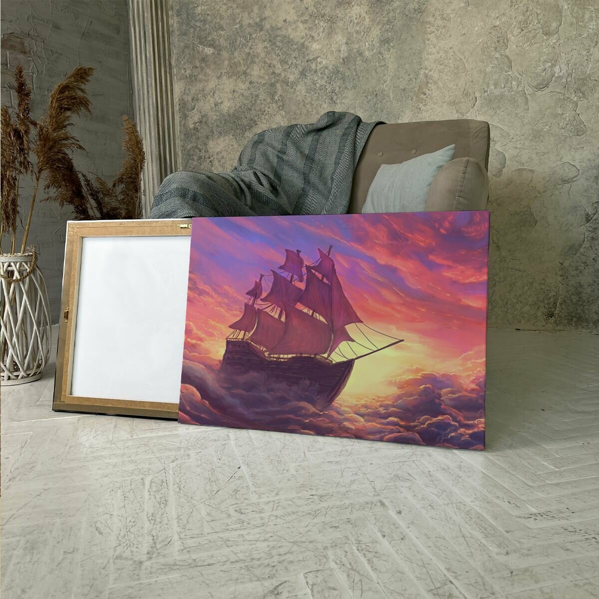 Картина на холсте (Корабль уходит в розовый закат) 30 40 см/ для интерьера/в комнату/на стену/в подарок