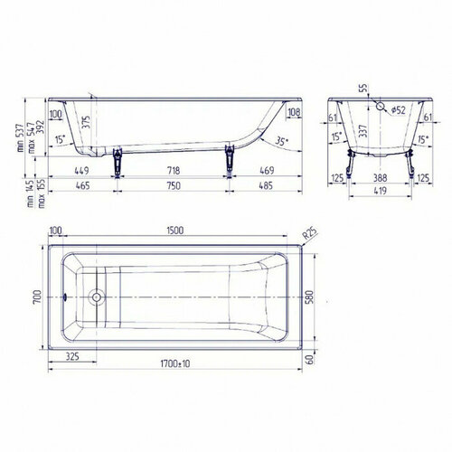 Ванна чугунная Delice Parallel 170x70 DLR220505-AS без ручек с антискользящим покрытием