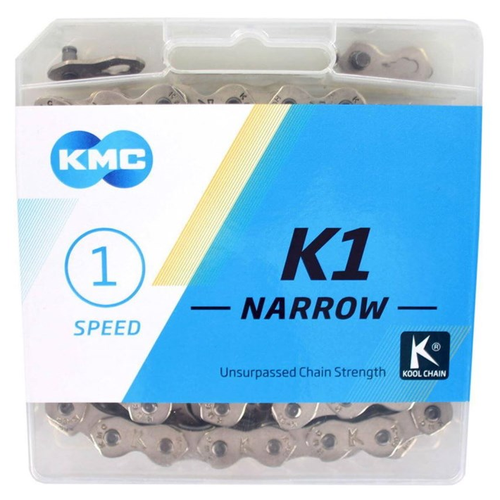 Цепь KMC K1 Narrow 3/32 (1ск, 100зв) Silver цепь велосипедная kmc k1 narrow silver для 1 ск велосипедов bmx фиксов 100 звеньев 1 2x3 32 серебристая