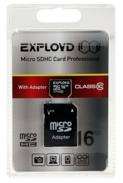 Карта памяти Exployd MicroSD, 16 Гб, SDHC, класс 10, с адаптером SD