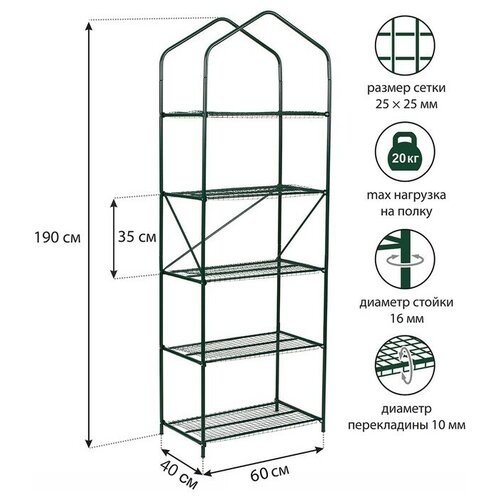 Парник-стеллаж, 5 полок, 190 × 65 × 40 см, металлический каркас d = 16 мм, чехол спанбонд 60 г/м², дверь из плёнки 100 мкм