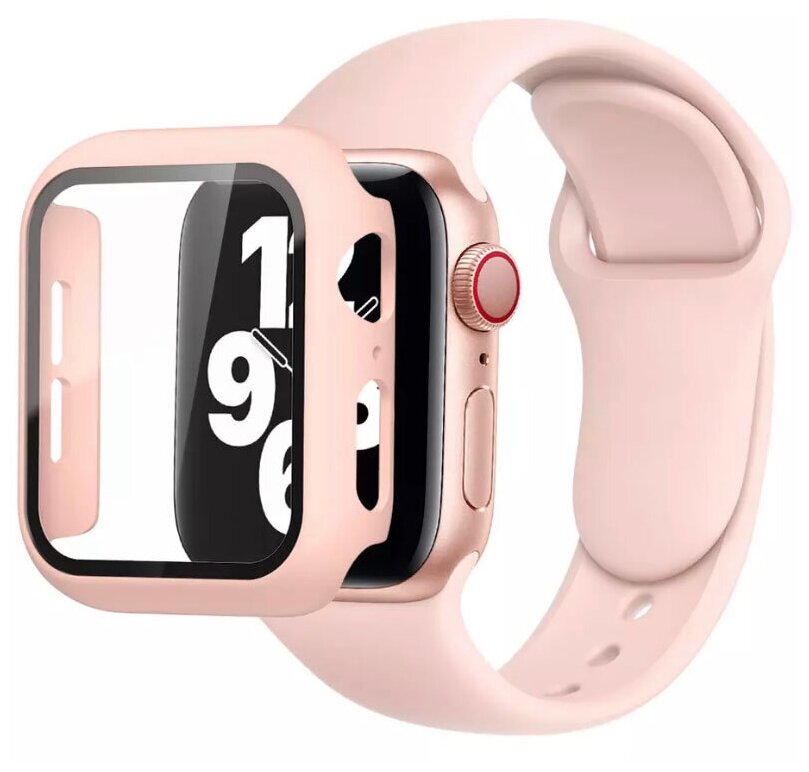 Чехол для Apple Watch 7 45мм со стеклом + силиконовый ремешок для Apple Watch 7 45mm светло-розовый