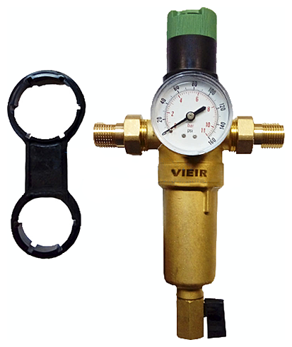Фильтр с регулятором давления и манометром 1/2" для горячей воды никель "ViEiR"