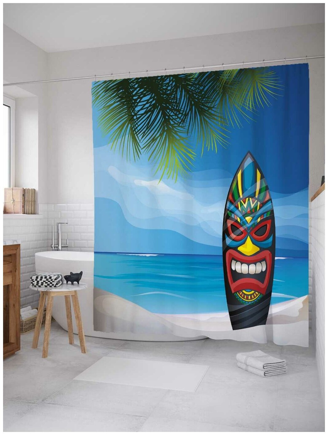 Штора водоотталкивающая для ванной, занавеска в ванную комнату тканевая JoyArty "Серф на пляже Гавайи", 180х200 см