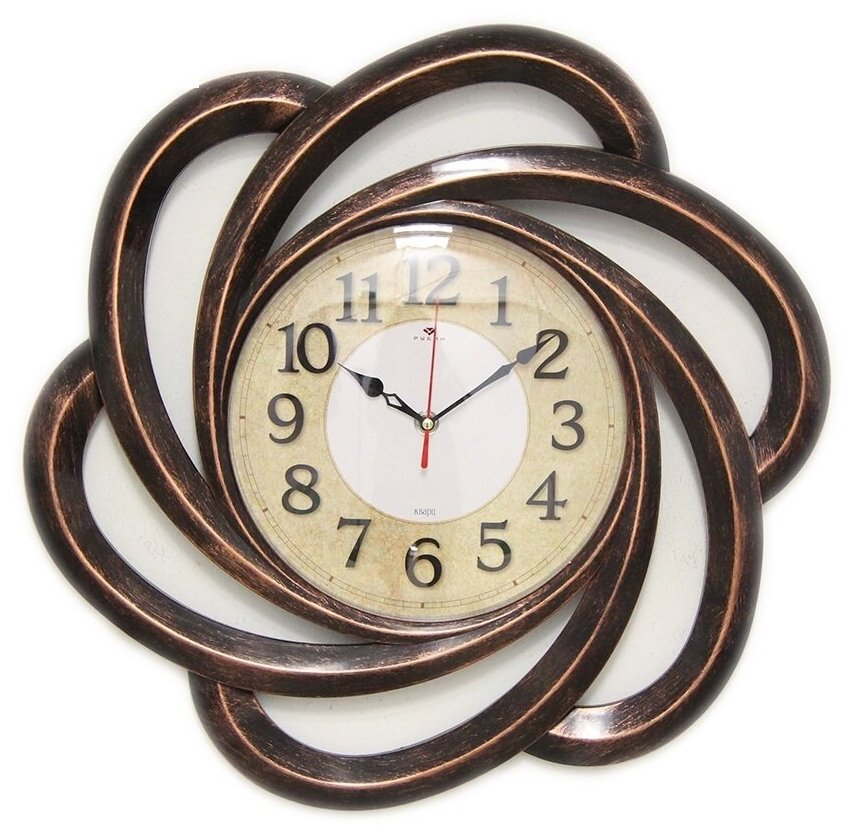 фото Большие оригинальные настенные кварцевые часы необычной формы в виде ажурного круга черно-медного цвета Рубин Классика, 45.5 см