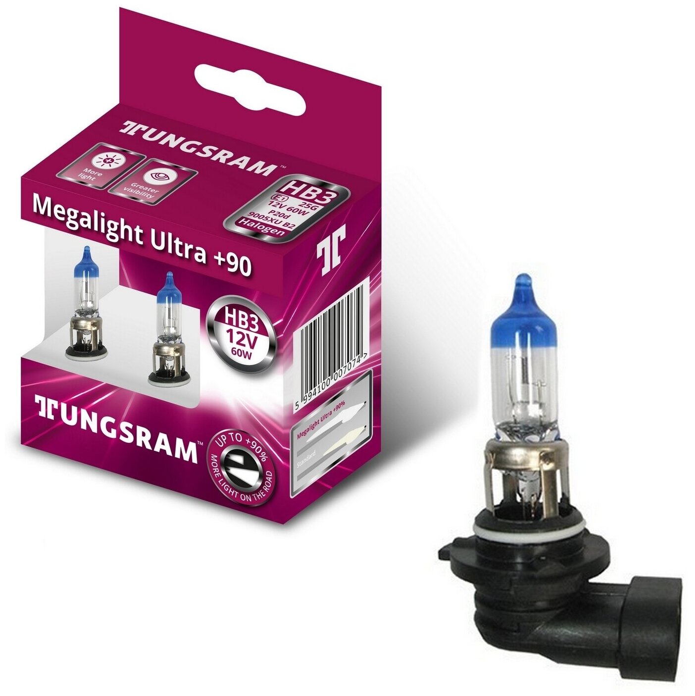 Лампы TUNGSRAM "Megalight Ultra +90", HB3, +90%, 12V, 60W, P20d, 3200K, комплект 2 шт.