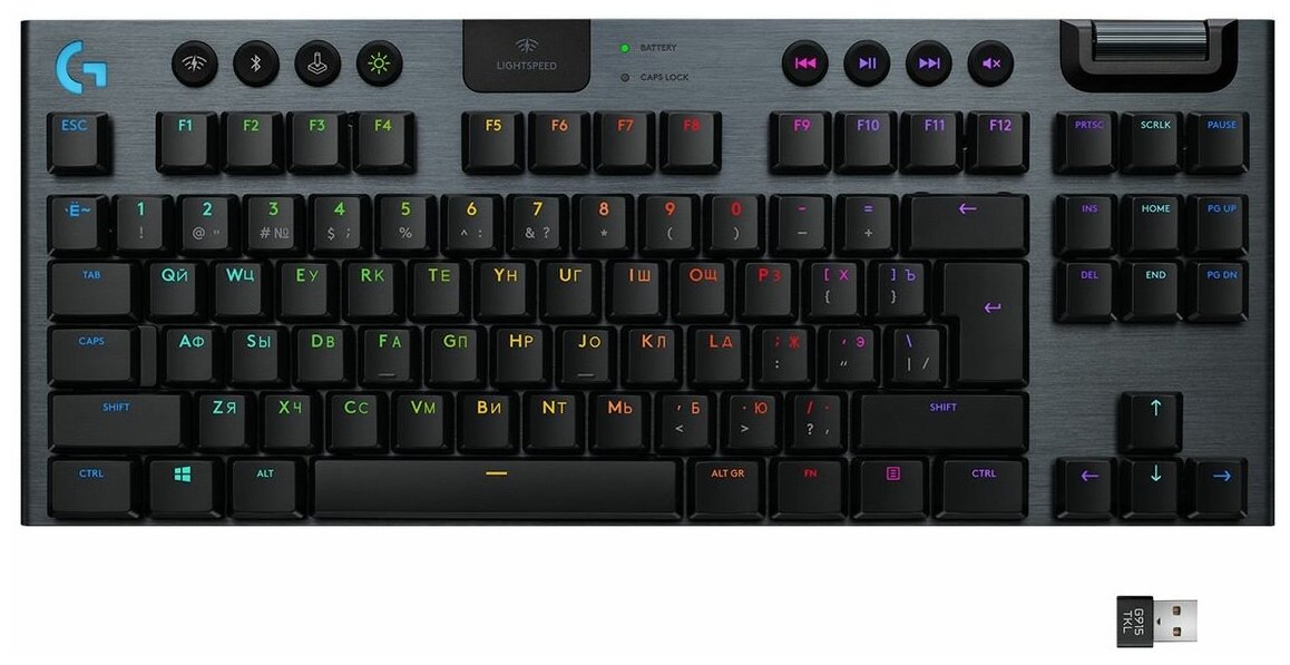 Клавиатура игровая Logitech G915 TKL CARBON US INT'L (механическая, без цифрового блока, с RGB-подсветкой и поддержкой технологии Lightspeed), 2.4GHZ/BT, CLICKY SWITCH (M/N: YR0076 / C-U0018) - фото №1