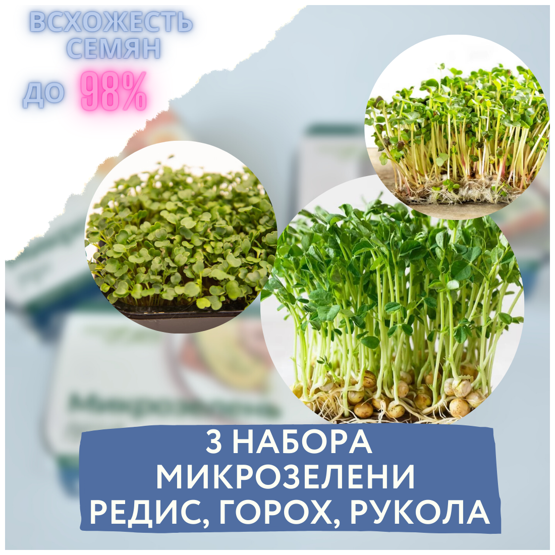 Микрозелень 3 набора для выращивания микрозелени горох/редис/рукола (3 контейнера с семенами микрозелени и минераловатным субстратом)