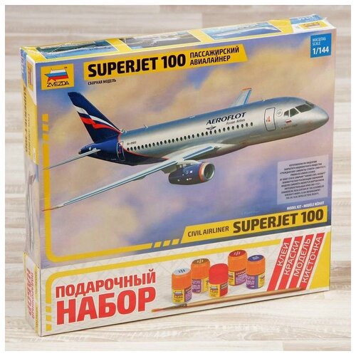 Сборная модель «Самолёт SuperJet 100» суперджет 100 региональный пассажирский авиалайнер 1 144 7009 коробка каравелла звезда