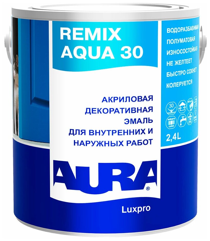 Эмаль акриловая Aura Remix Aqua 30 полуматовая бесцветная основа TR 2,4 л