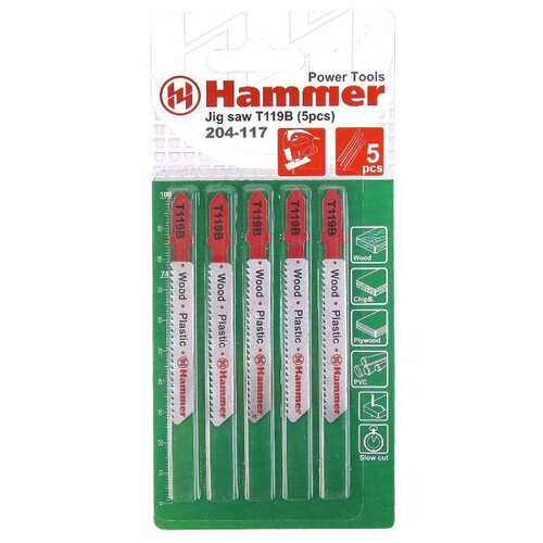 Пилка для лобзика Hammer Flex 204-117 JG WD-PL T119B, дерево/пластик, 67 мм, шаг 1,9-2,3 мм, 5 шт пилки для лобзика bosch т 144 d hcs 3шт 2608630560