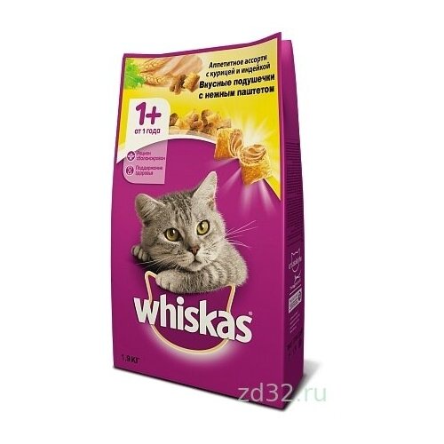 Whiskas сухой корм для кошек Вкусные подушечки с нежным паштетом Курица и индейка 1.9кг