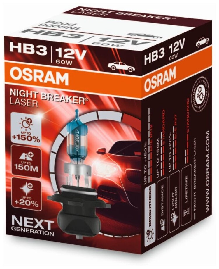 Лампа автомобильная галогенная OSRAM Night Breaker Laser HB3 9005NL-HCB 12V 60W P20d 1 шт.