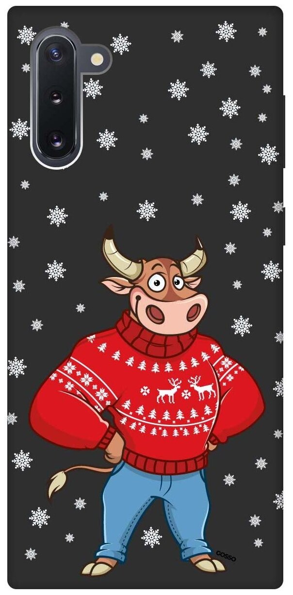 Силиконовая чехол-накладка Silky Touch для Samsung Galaxy Note 10 с принтом "Bull & Snowflakes" черная
