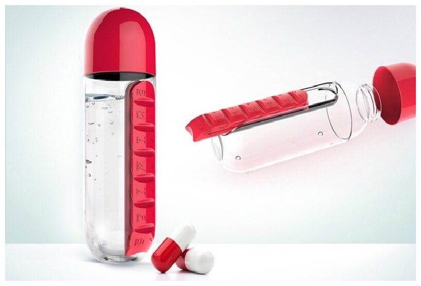 Бутылка спорт - органайзер для таблеток Pill & Vitamin, с отделом для пилюлей и таблеток, water bottle (Цвет: красный)