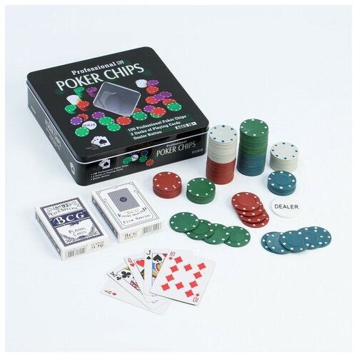 Покер, набор для игры (карты 2 колоды микс, фишки 100 шт.), без номинала 20 х 20 см набор глиняных плаков для игры в покер 7шт разного цвета и номинала