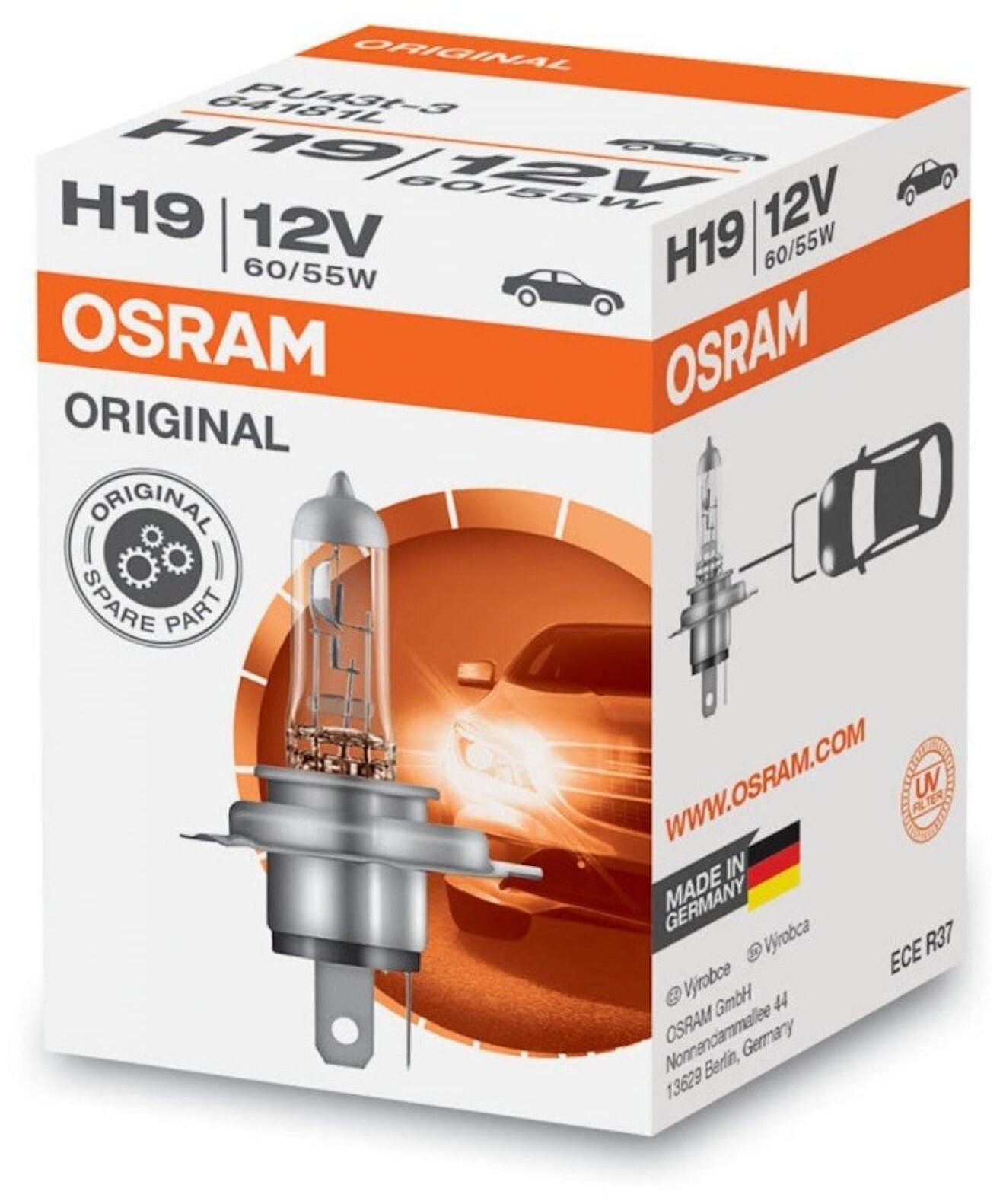 Лампа автомобильная галогенная OSRAM Original Line 64181L H19 12V 60/55W PU43t-3