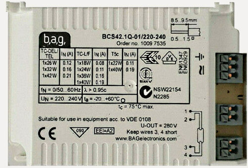 Изображение товара Электронный пускорегулирующий аппарат B.A.G. модель BCS42.1Q-01/220-240