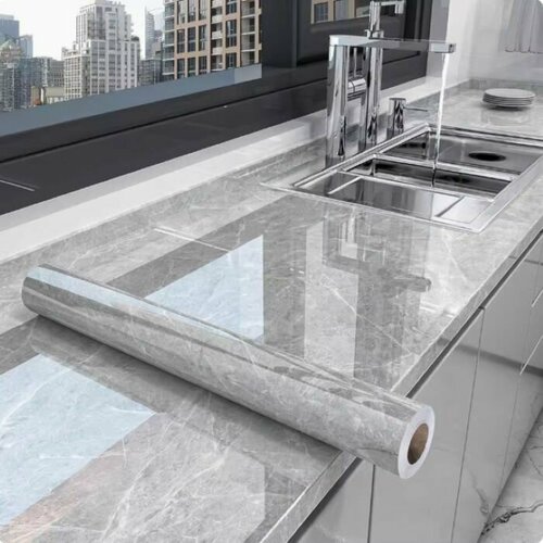 Виниловые защитные моющиеся обои от жира и царапин мраморные для декора дверей 3м60см Самоклеющаяся водостойкая поверхность для кухни мебели столешницы Пленка универсальная серая Loloki 899₽